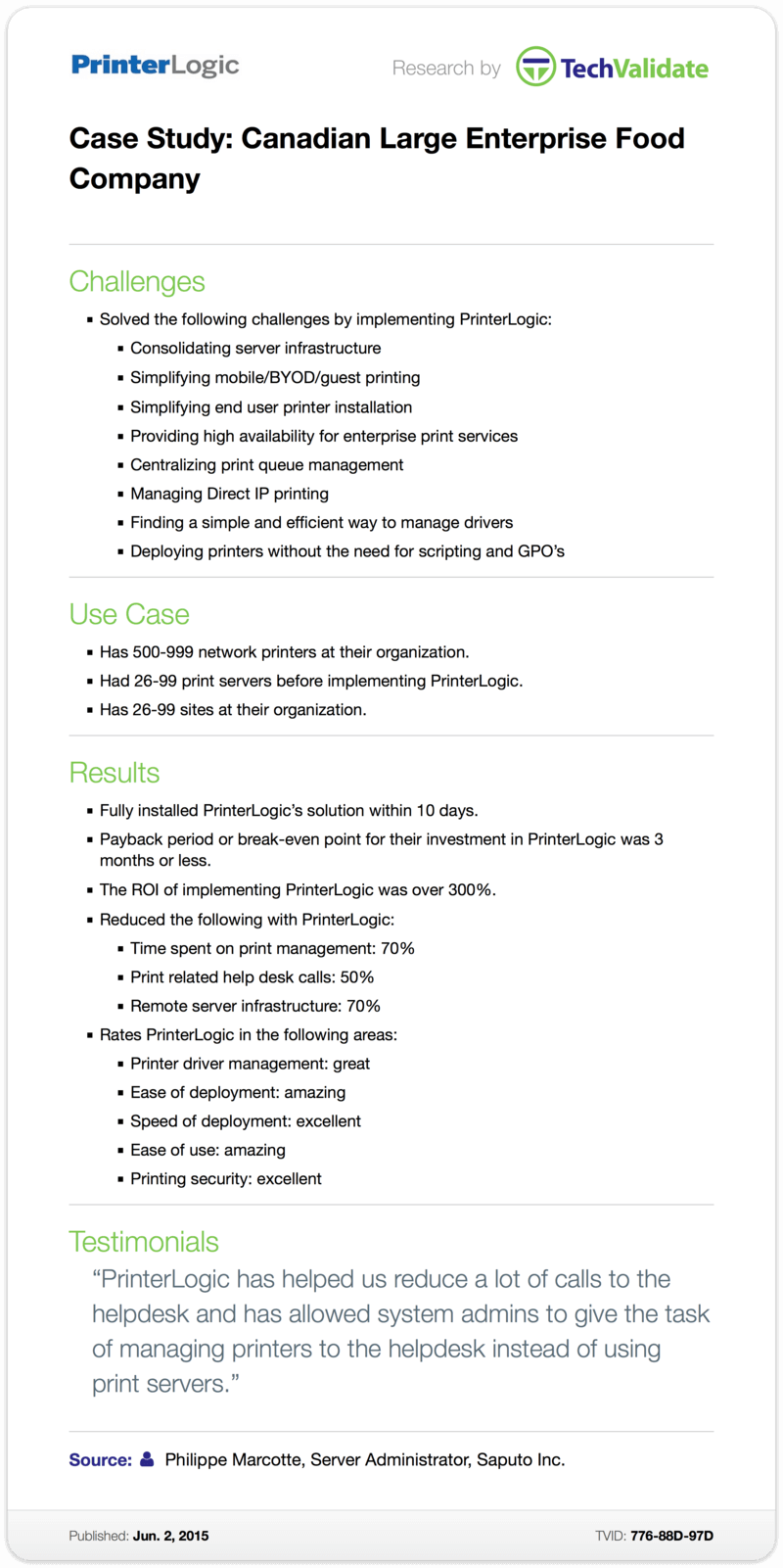 TechValidate Case Study: Canadian Large Enterprise Food Company