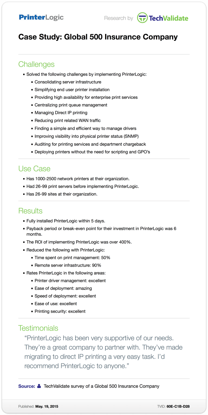 TechValidate Case Study: Global 500 Insurance Company