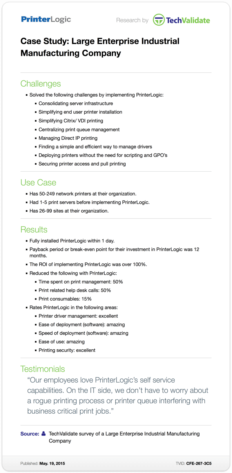 TechValidate Case Study: Large Enterprise Industrial Manufacturing Company