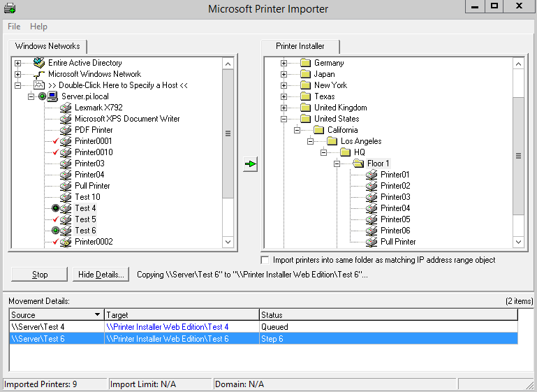 Screenshot of Microsoft's printer importer.